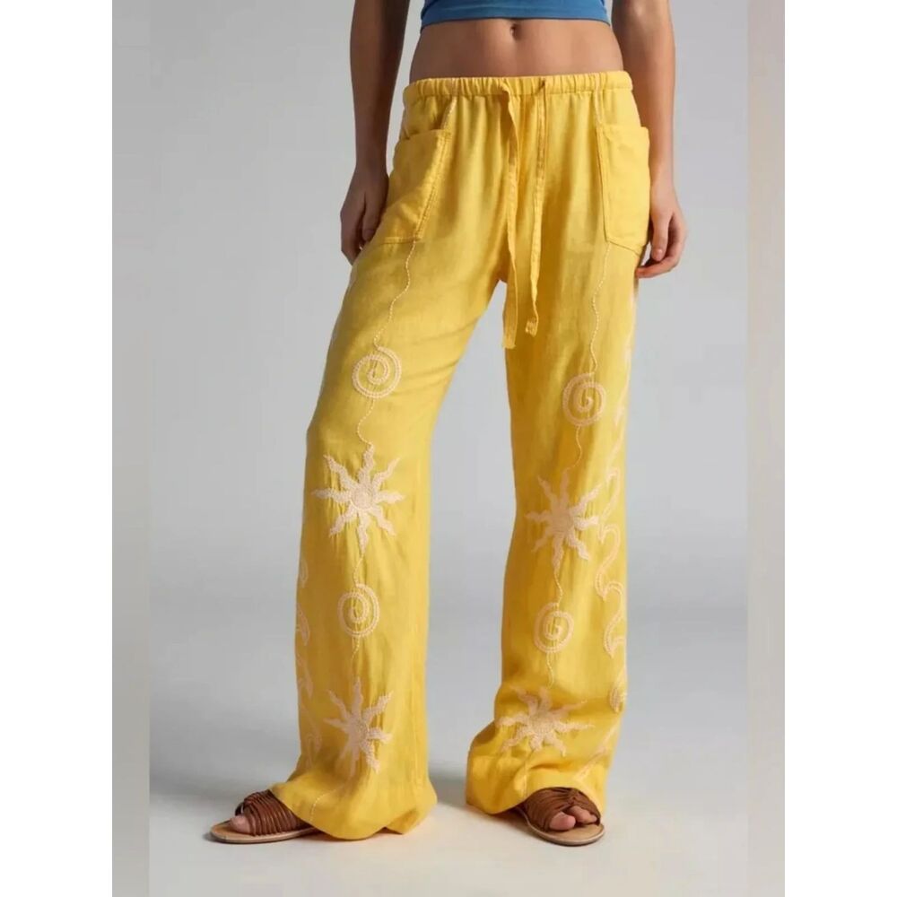 Urban Outfitters Amelie Embroidered Linen Pants Yellow Medium Boho Celestial NWT